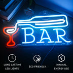 BAR – Garrafa a servir vinho num copo – reclame luminoso em néon LED (5 V USB)