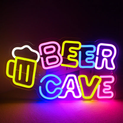 Um letreiro de LED neon vibrante representando uma imagem estilizada de uma caneca de cerveja.