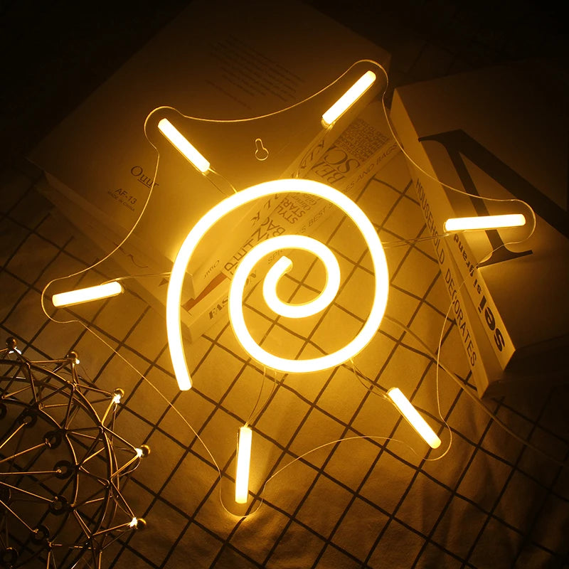 A imagem apresenta um letreiro de LED neon elegante e vibrante em formato de sol.