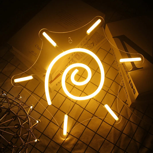 The image features a stylish and vibrant LED neon sign shaped like a sun.