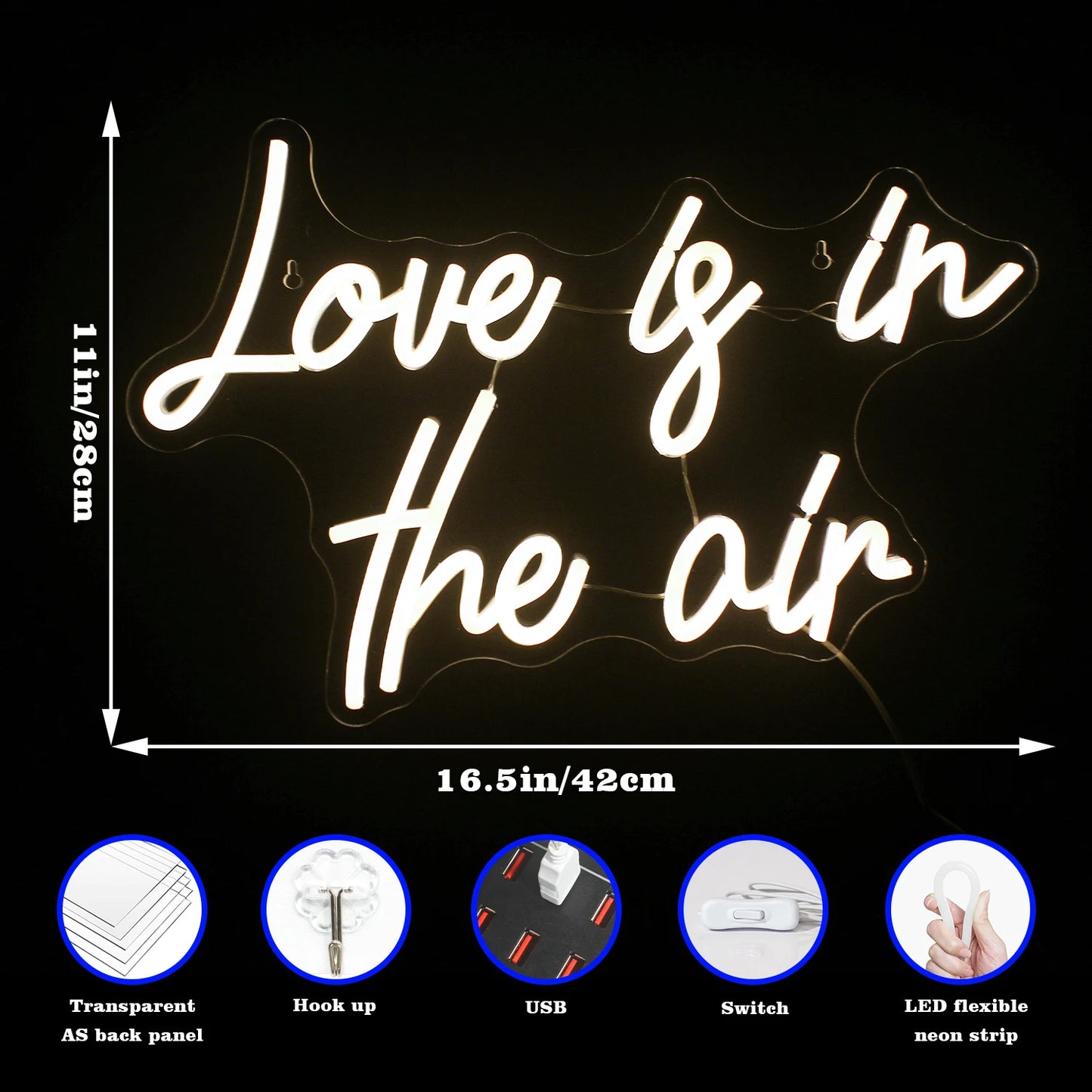 Letreiro de LED "Love is in the Air" 5V USB - Econômico