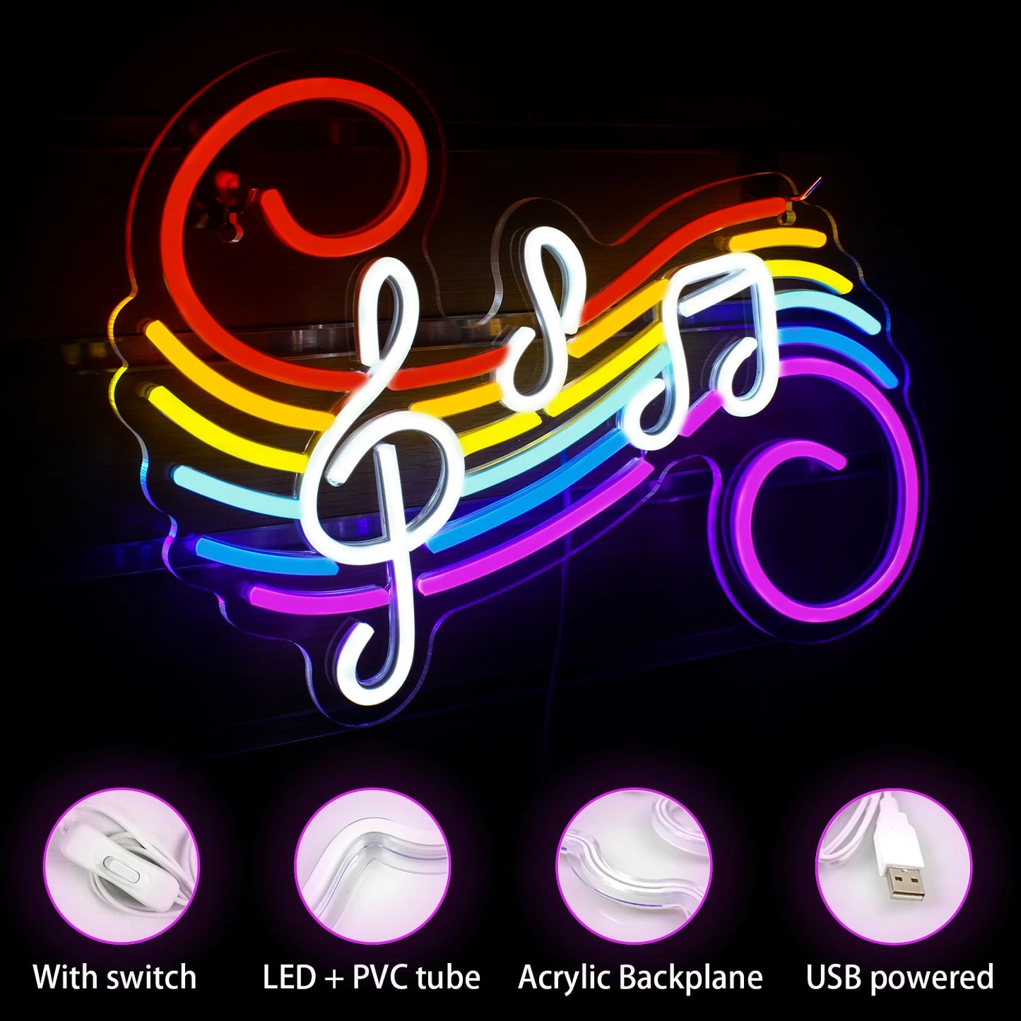 Notas Musicais Coloridas 5V USB Letreiro de LED - Econômico