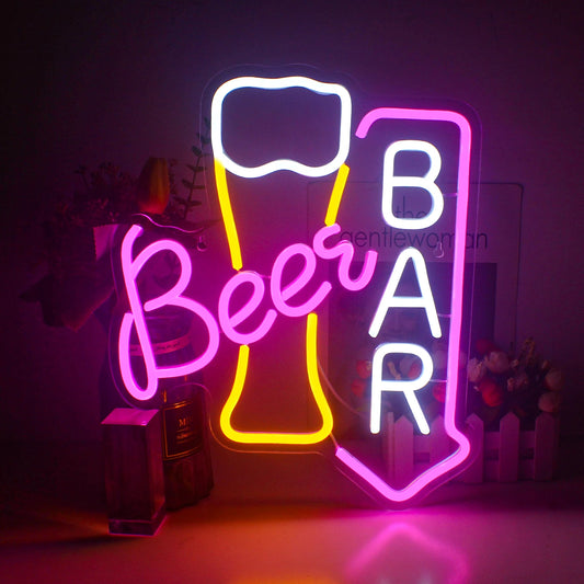 A vibrant LED neon sign displaying the word "Beer Bar" in bold, uppercase letters.
