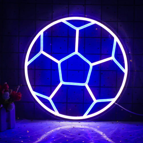 Uma vibrante placa de LED neon de futebol com um design brilhante de uma bola de futebol.