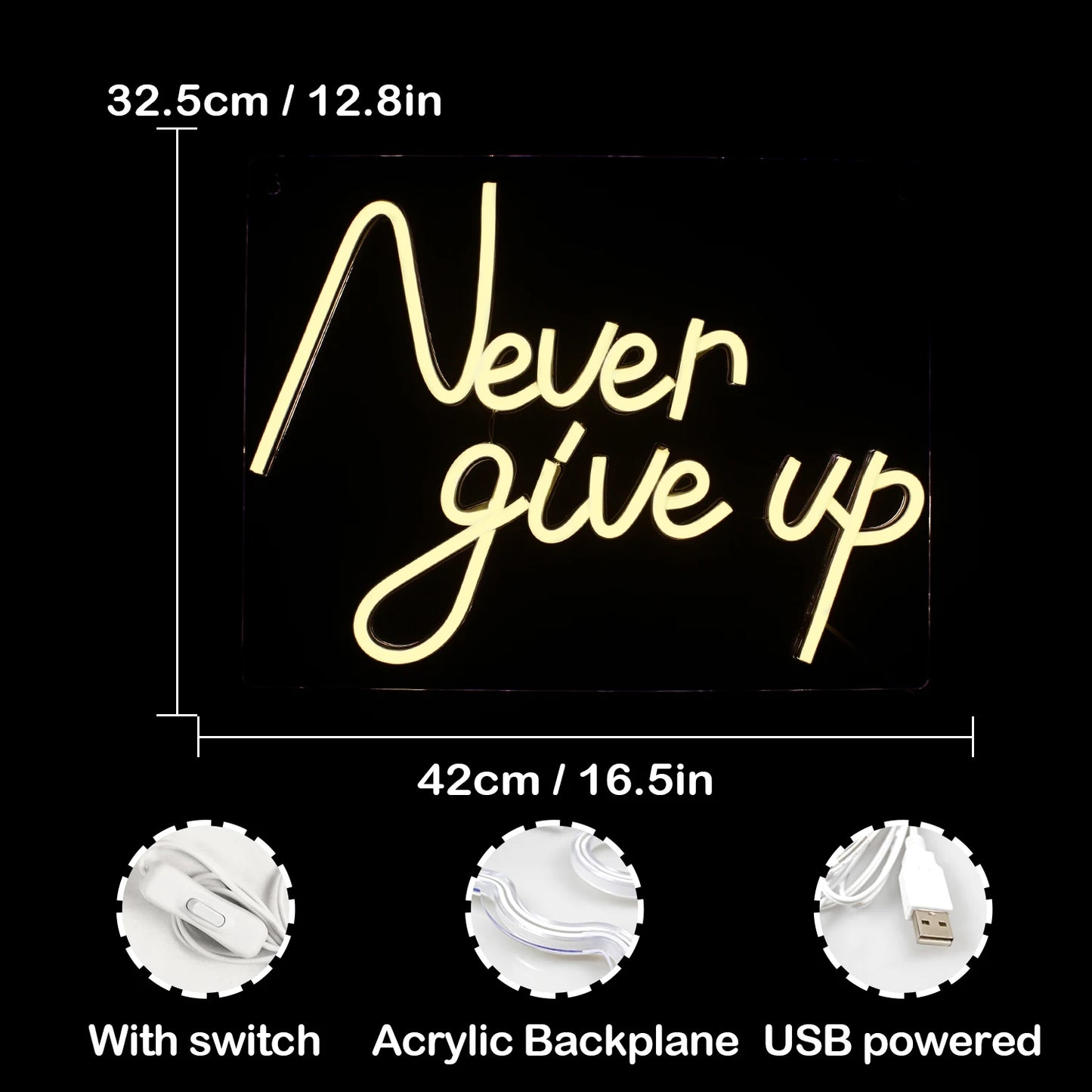 Letreiro de LED "Nunca Desista" 5V USB - Econômico