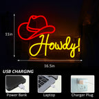 Howdy! – Chapéu de cowboy – letreiro de néon LED (5 V USB)
