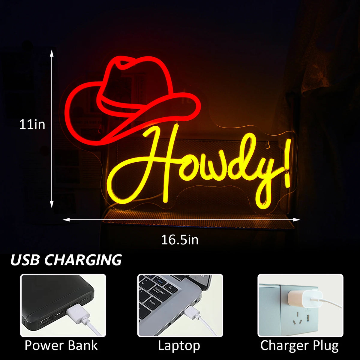 Howdy! – Chapéu de cowboy – letreiro de néon LED (5 V USB)