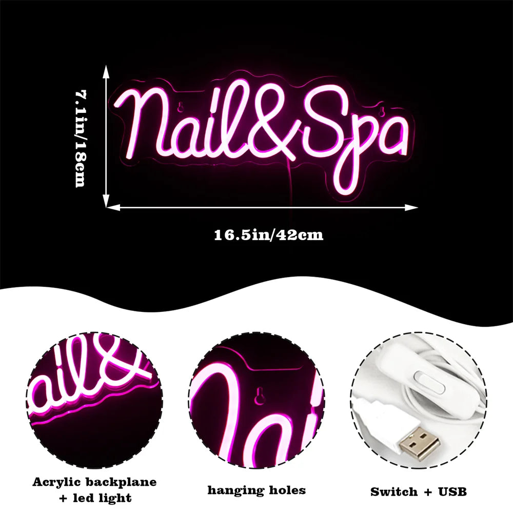 Nail & Spa – reclame luminoso em néon LED (5 V USB)