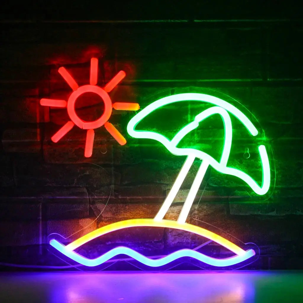 A imagem mostra uma vibrante placa de LED neon com as palavras "Beach Sun".