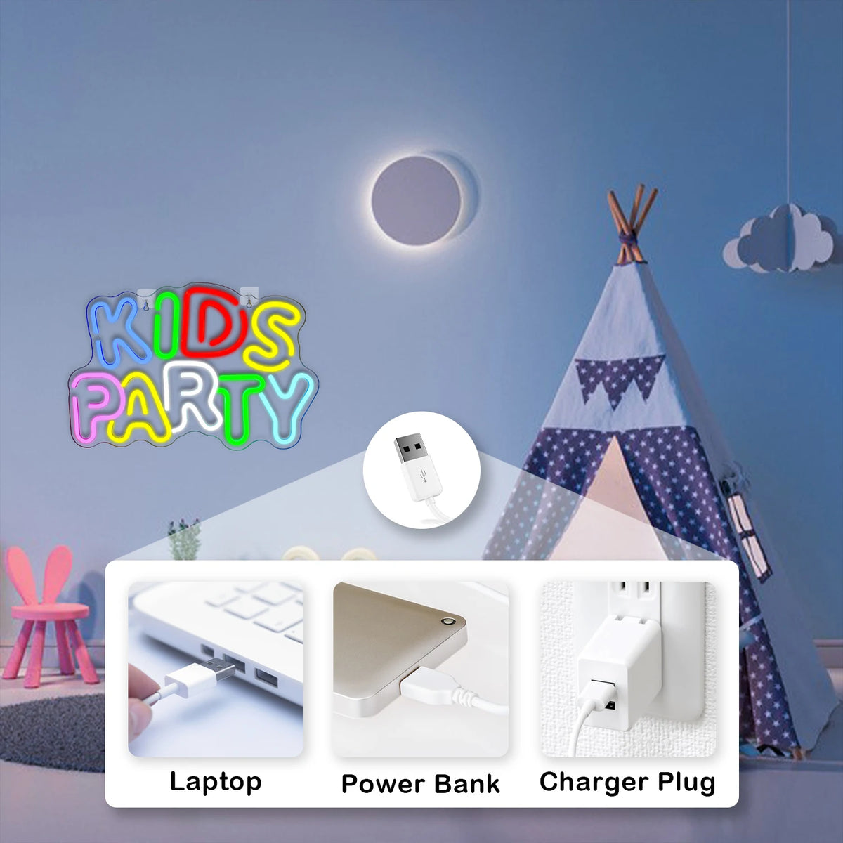 Kids Party – letreiro de néon LED (5 V USB)