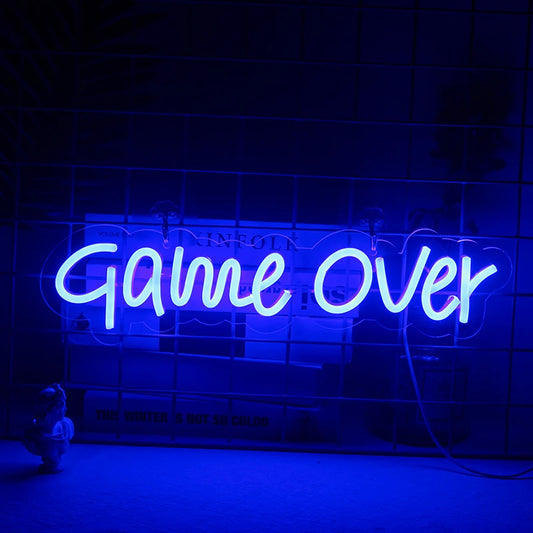 The image showcases a vibrant "Game Over" LED neon sign.