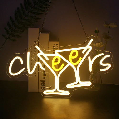"Uma vibrante placa de LED neon exibindo a palavra 'Cheers' em uma fonte cursiva divertida.