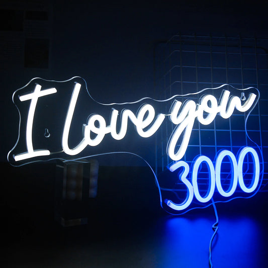 A vibrant LED neon sign displaying the phrase "I Love You 3000 Times" in a playful, cursive font.