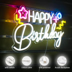 HAPPY Birthday – Estrela e símbolos coloridos – letreiro de néon LED (5 V USB)