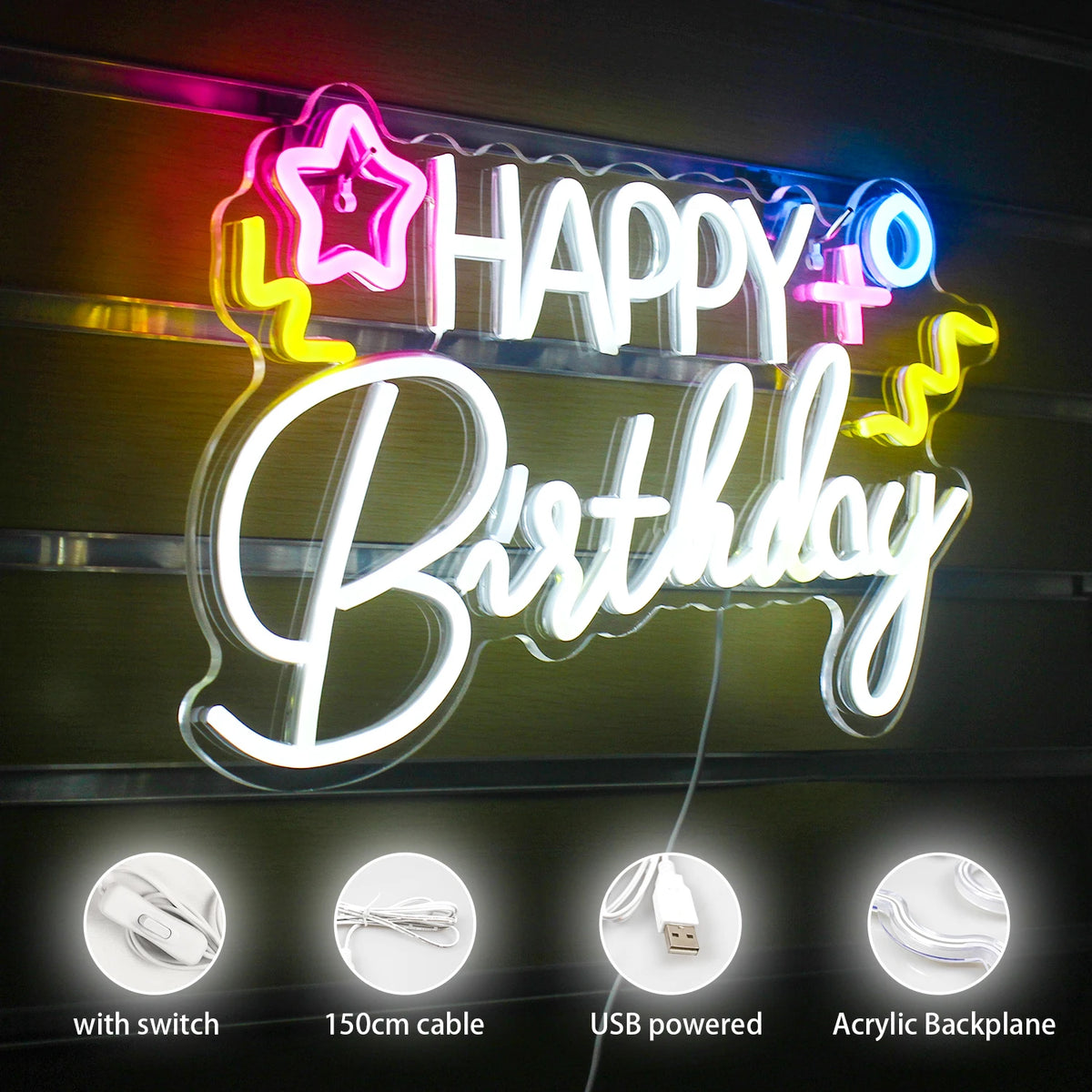 HAPPY Birthday – Estrela e símbolos coloridos – letreiro de néon LED (5 V USB)