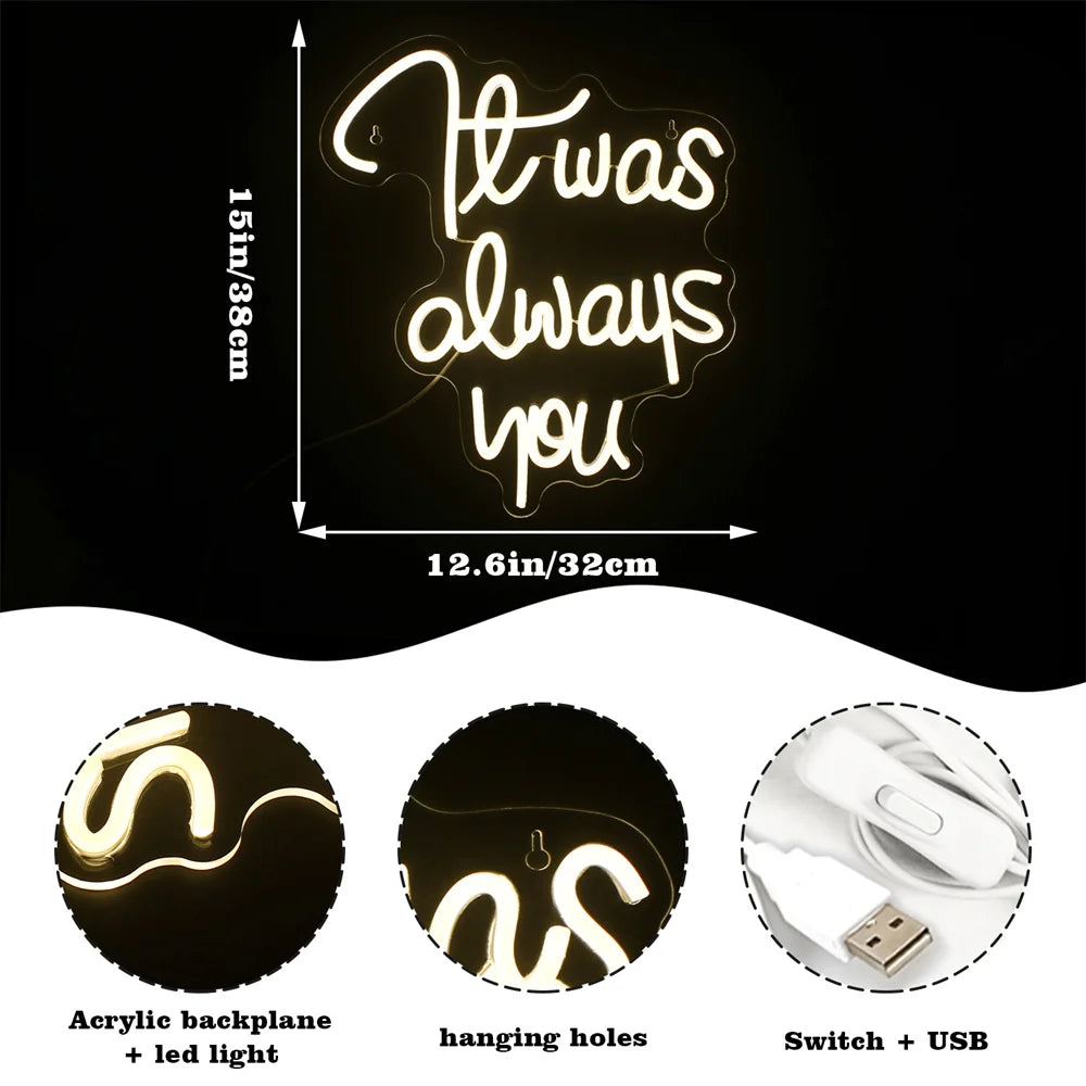 It was always you – letreiro de néon LED (5 V USB)