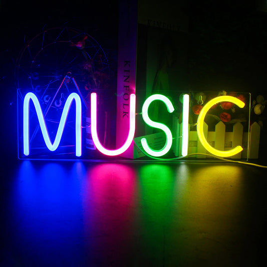 "Image features a vibrant LED neon sign in the shape of a musical note.