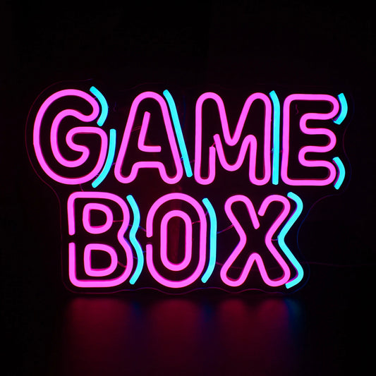 A vibrant and colorful "Game Box" LED neon sign featuring bold, creative lettering.
