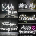 "Um elegante letreiro de neon LED projetado para decoração de casamento, com a frase 'Felizes para Sempre' em uma linda fonte cursiva.