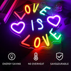 LOVE IS LOVE – Corações e letras coloridas – letreiro de néon LED (5 V USB)