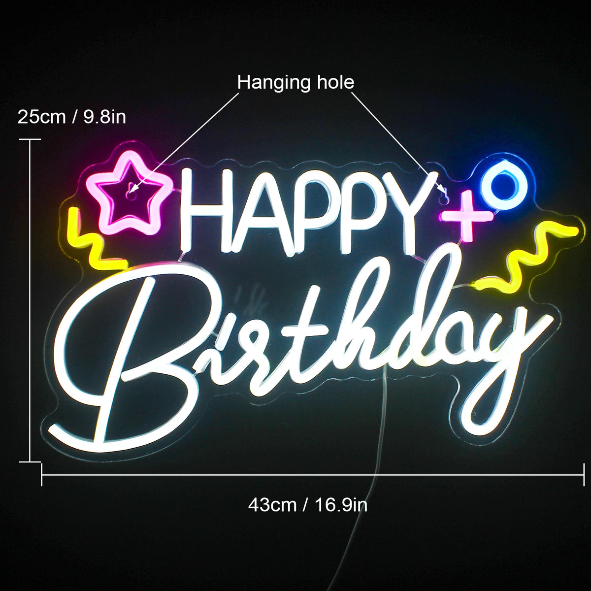 HAPPY Birthday – Estrela e símbolos coloridos – letreiro de néon LED (5 V USB)