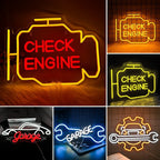 A imagem exibe um letreiro de LED neon vibrante no formato do símbolo "Check Engine".