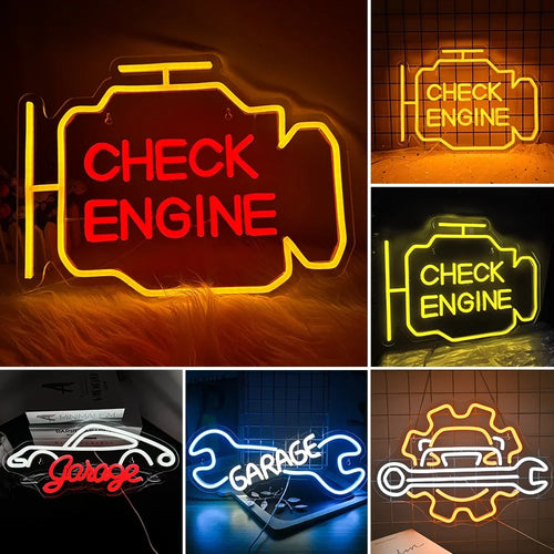 A imagem exibe um letreiro de LED neon vibrante no formato do símbolo "Check Engine".