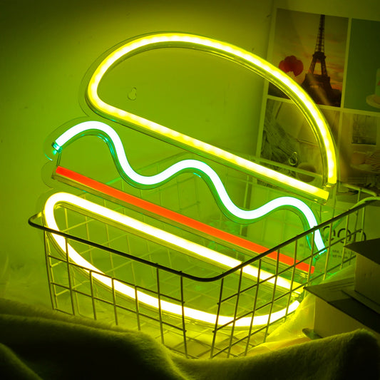 The image features a vibrant, eye-catching LED neon sign in the shape of a hamburger.