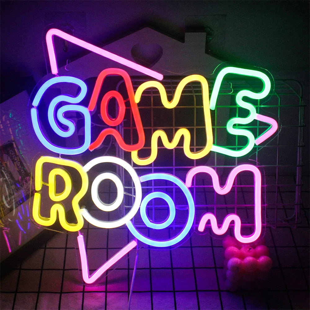 A vibrant LED neon sign displaying the word "Game" in bold, electrifying letters.