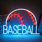 Um vibrante letreiro de LED neon de beisebol brilhando em uma mistura de cores branco e vermelho brilhantes.