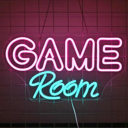 The image features a vibrant "Game Room" LED neon sign.