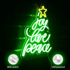 joy love peace – Árvore de Natal formada por palavras com estrela – letreiro de néon LED (5 V USB)
