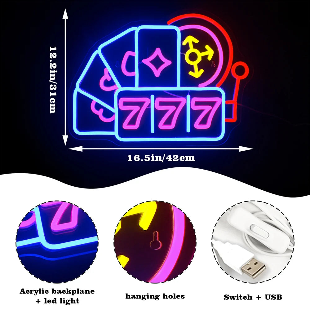 777 – Cartas, naipes e roleta – letreiro de néon LED (5 V USB)