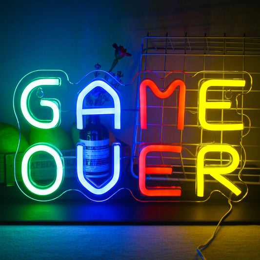 The image displays a vibrant "Game Over" LED neon sign.