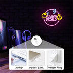 GAMER WORLD – Bomba, joystick e círculo com raios – letreiro de néon LED (5 V USB)