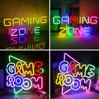 Um letreiro de LED neon vibrante e chamativo, projetado para jogadores, é exibido em uma parede escura.