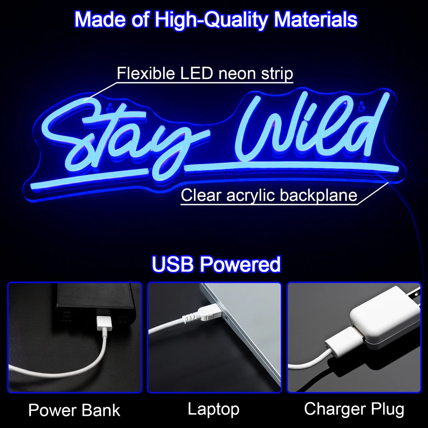 Letreiro de LED "Stay Wild" 5V USB - Econômico