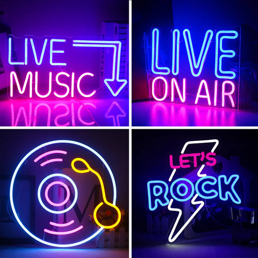 The image features a vibrant LED neon sign that reads "Live Music" in bright, glowing letters.