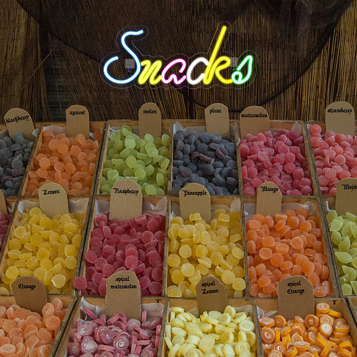 Snacks – Letras coloridas – reclame luminoso em néon LED (5 V USB)