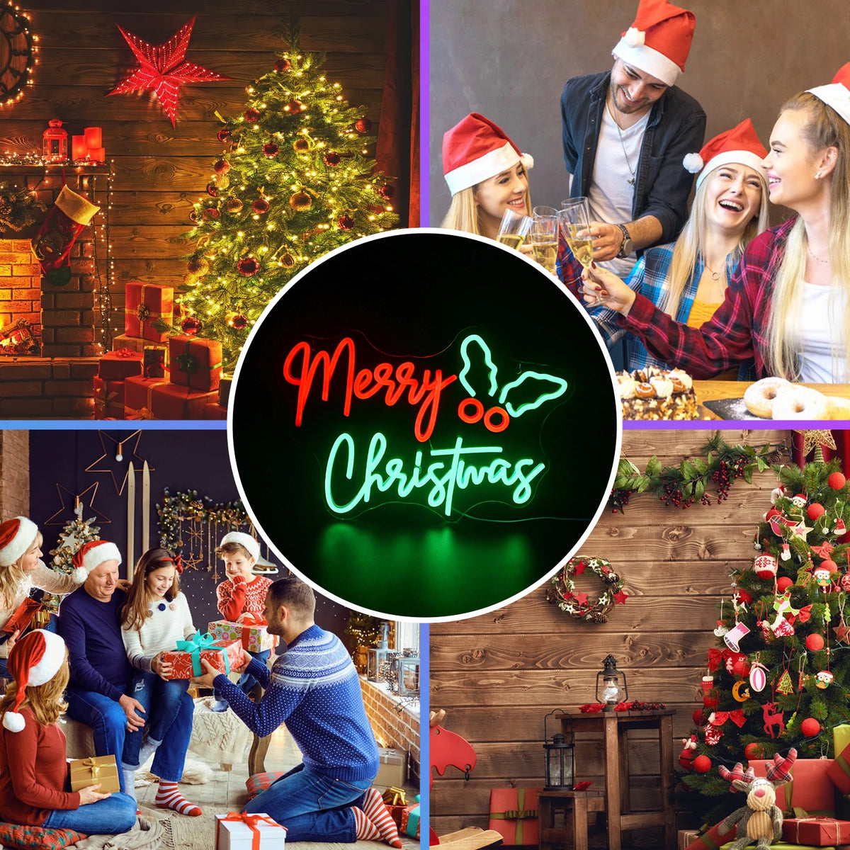 Merry Christmas – Folhas de Natal na lateral – letreiro de néon LED (5 V USB)
