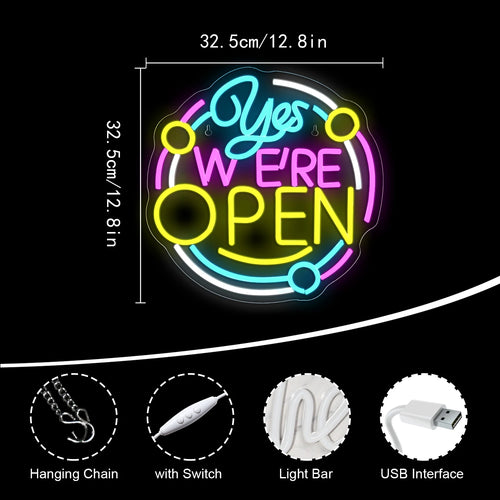 Yes We're Open – Moldura redonda – reclame luminoso em néon LED (5 V USB)