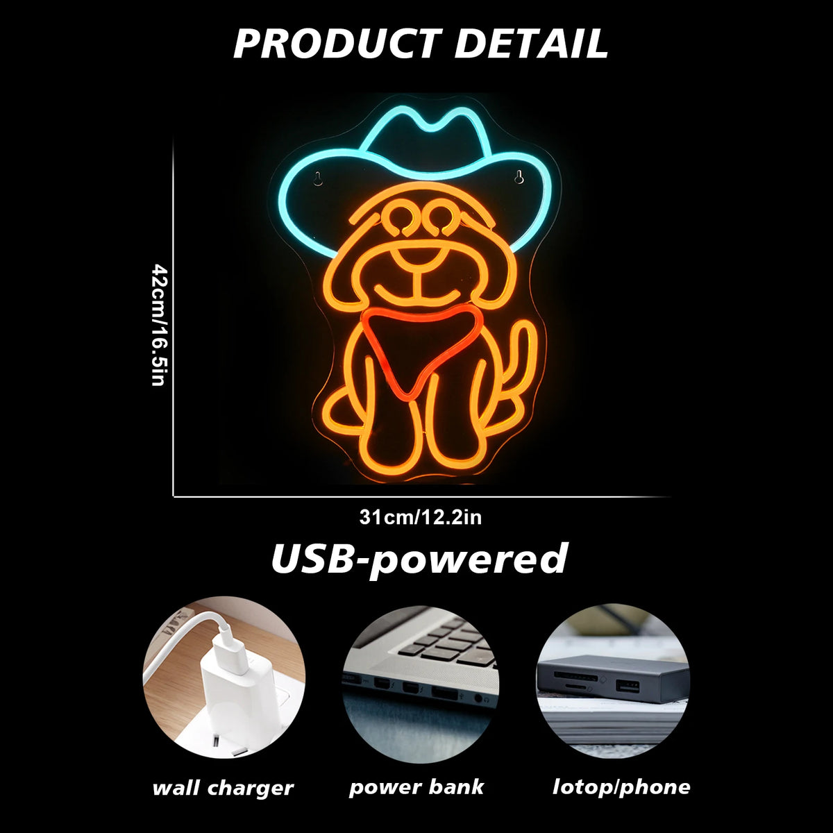 Cão cowboy – letreiro de néon LED (5 V USB)