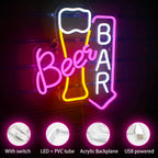 Beer BAR – Copo de cerveja e seta para baixo – reclame luminoso em néon LED (5 V USB)