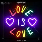 LOVE IS LOVE – Corações e letras coloridas – letreiro de néon LED (5 V USB)