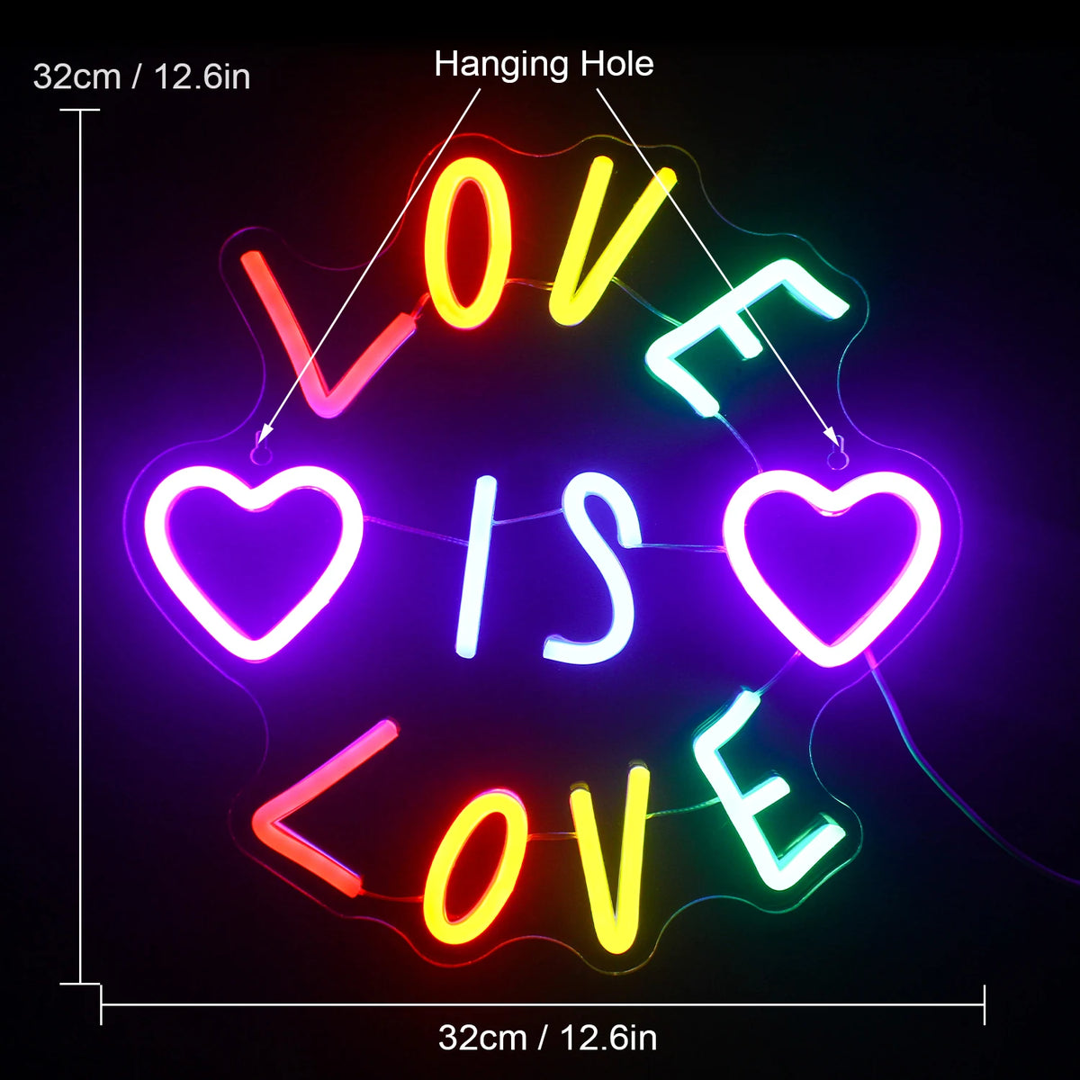 LOVE IS LOVE – Corações e letras coloridas – letreiro de néon LED (5 V USB)