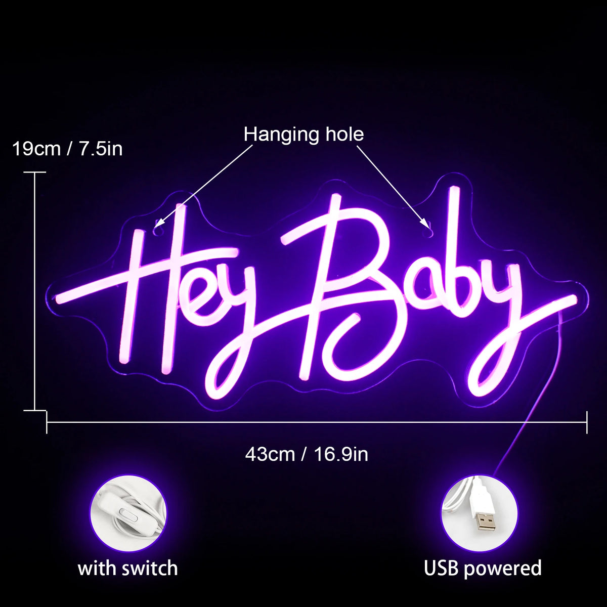 Hey Baby – letreiro de néon LED (5 V USB)
