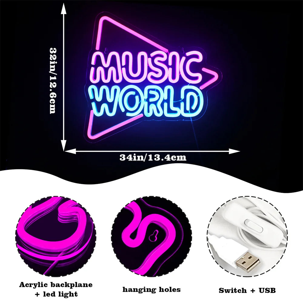 MUSIC WORLD – Triângulo – letreiro de néon LED (5 V USB)