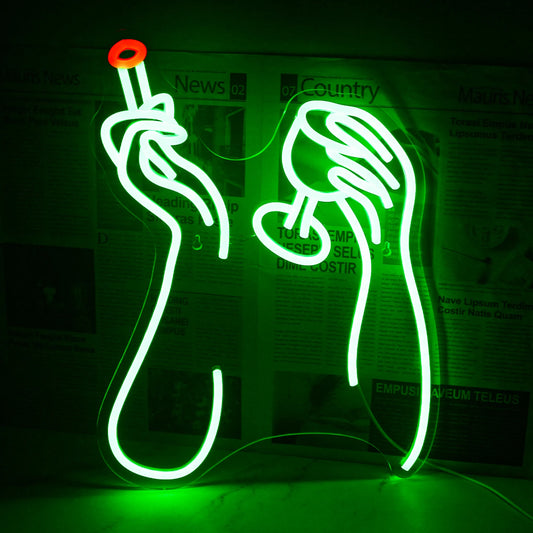 The image features a vibrant LED neon sign displaying the words "Smoking and Drinking" in bright, eye-catching colors.