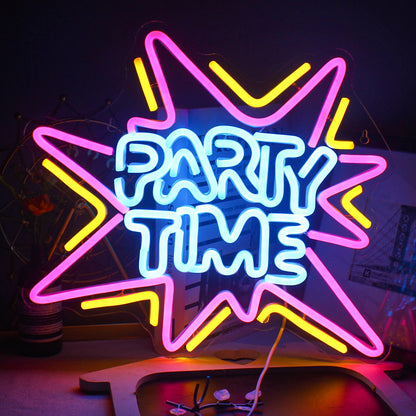This image features a vibrant LED neon sign displaying the words "Party Time" in bold, playful script.