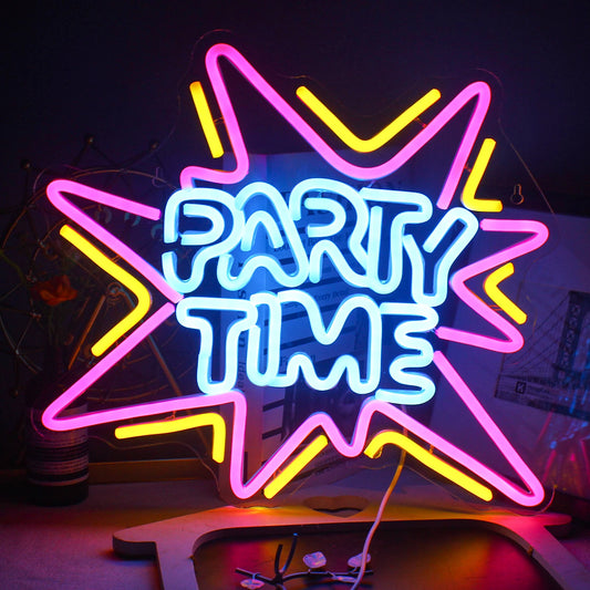 This image features a vibrant LED neon sign displaying the words "Party Time" in bold, playful script.